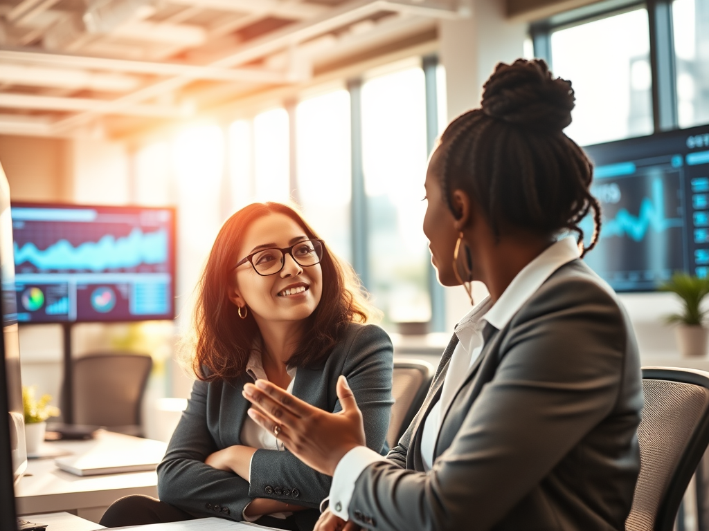 Two women engaged in a business discussion in an office setting, with digital charts and graphs displayed on monitors in the background.